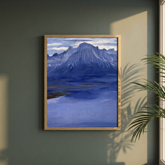 Twilight, Lake Geneva framed print in a natural oak frame on a dark green wall beside a window, dappled plant shadow