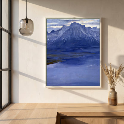 Twilight, Lake Geneva framed print in a white frame on a plaster wall above an oak worktop in a bright Scandinavian kitchen