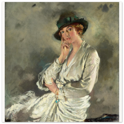 Unframed William Orpen portrait print of Mrs Carstairs in a white dress on a grey-green ground