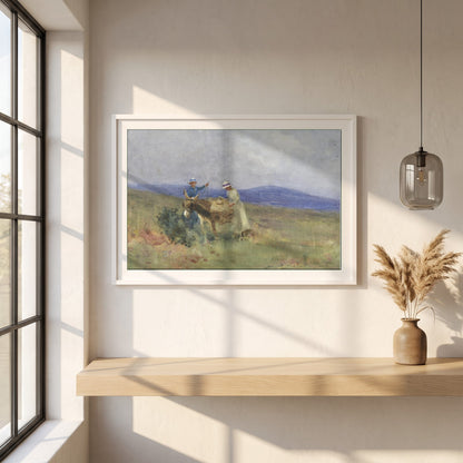 Unpacking the Picnic, Kerry framed print in a white frame on a plaster wall above an oak worktop in a bright Scandinavian kitchen