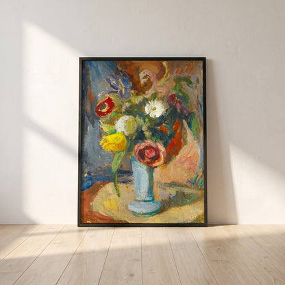 Still Life with Flowers framed print in a black frame leaning against a white plaster wall on oak floorboards in morning light