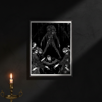 Walled the Monster (1923) by Harry Clarke in a silver frame on a dark wall above a lit candle