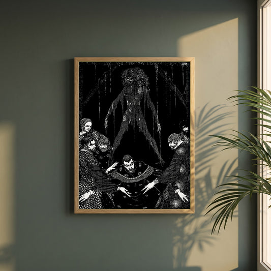 Walled the Monster framed print in a natural oak frame on a dark green wall beside a window, dappled plant shadow