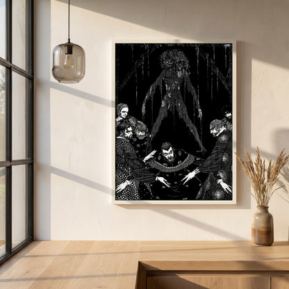 Walled the Monster framed print in a white frame on a plaster wall above an oak worktop in a bright Scandinavian kitchen