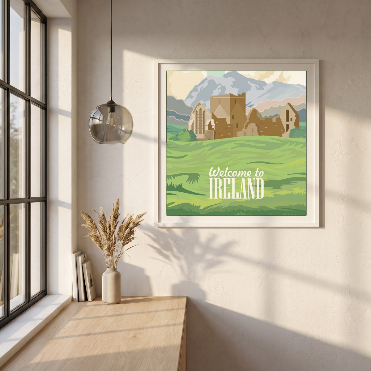 Welcome to Ireland Poster Print | Vintage Irish Travel framed print in a white frame on a plaster wall above an oak worktop in a bright Scandinavian kitchen