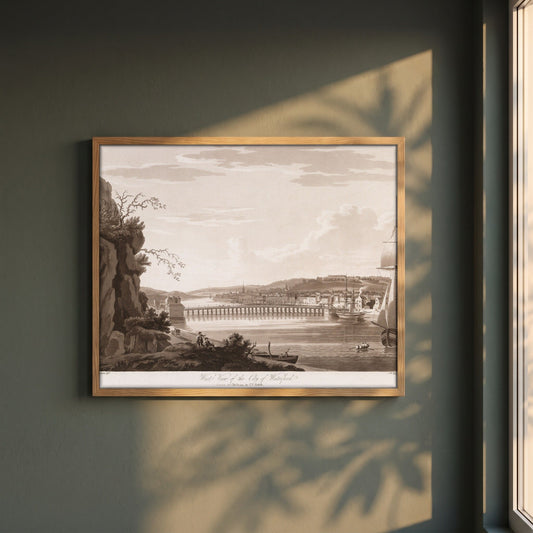 West View of the City of Waterford by Thomas Sautelle Roberts Art Print framed print in a natural oak frame on a dark green wall beside a window, dappled plant shadow