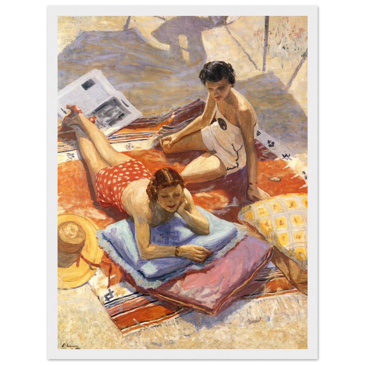White-framed Sir John Lavery Sunbathers print with two women lying in the sun