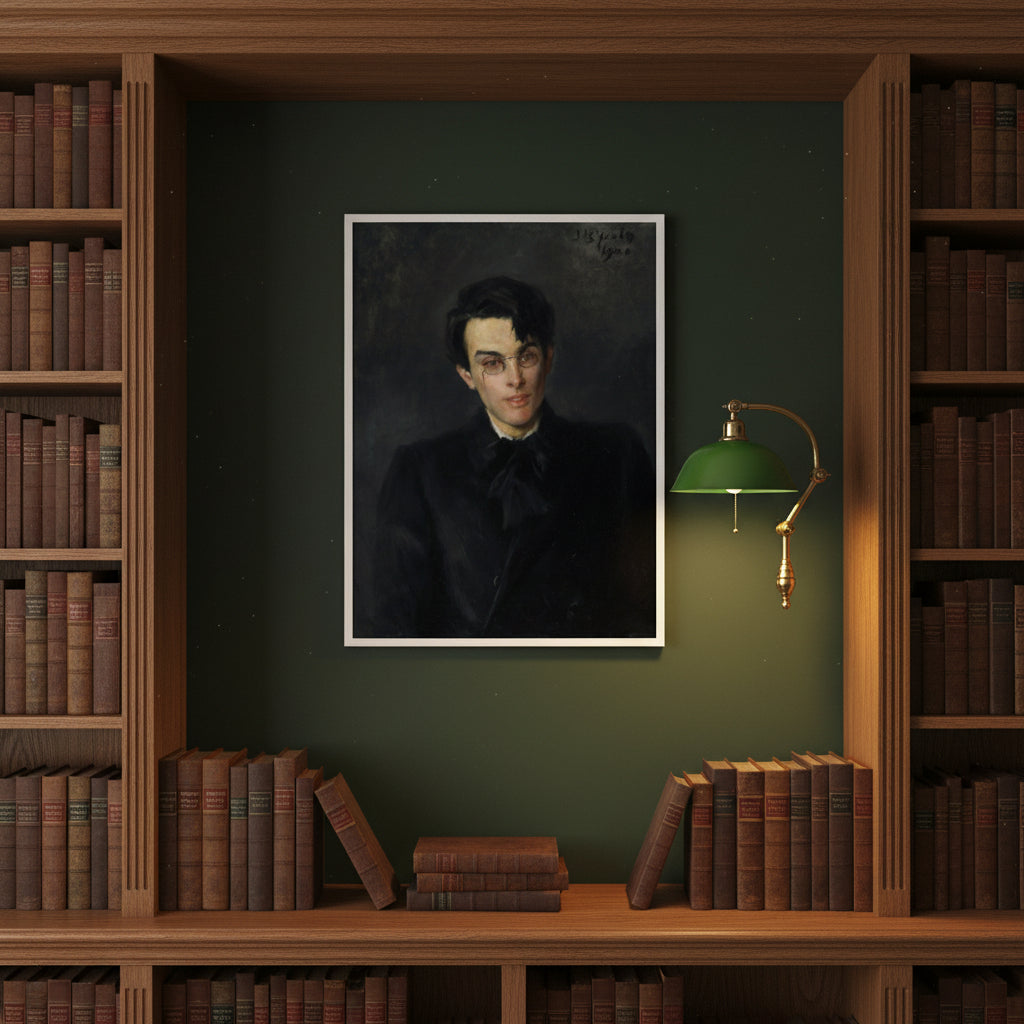 Library with dark green walls and oak shelves; white-framed Yeats portrait flanked by poetry volumes and a reading lamp.