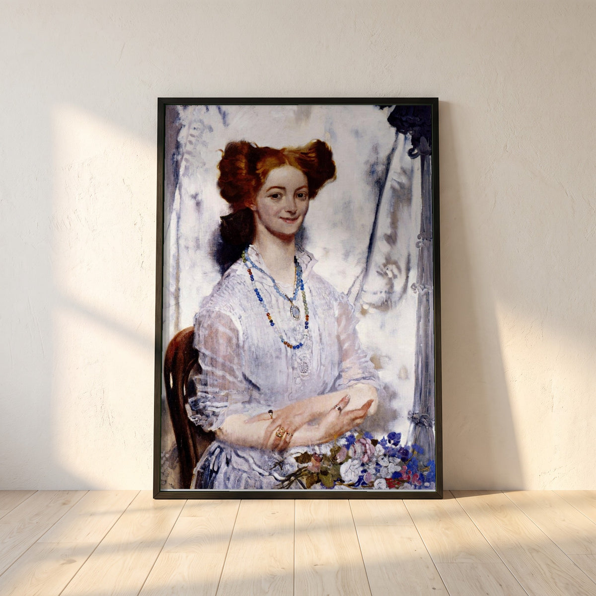 Young Ireland framed print in a black frame leaning against a white plaster wall on oak floorboards in morning light